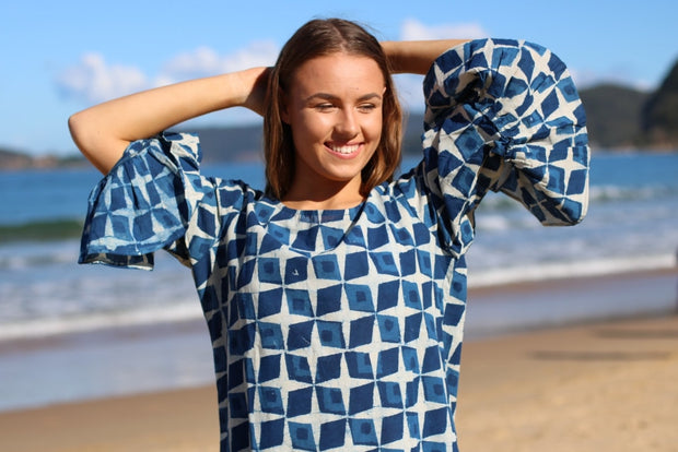 Indigo Block Print Short Dress