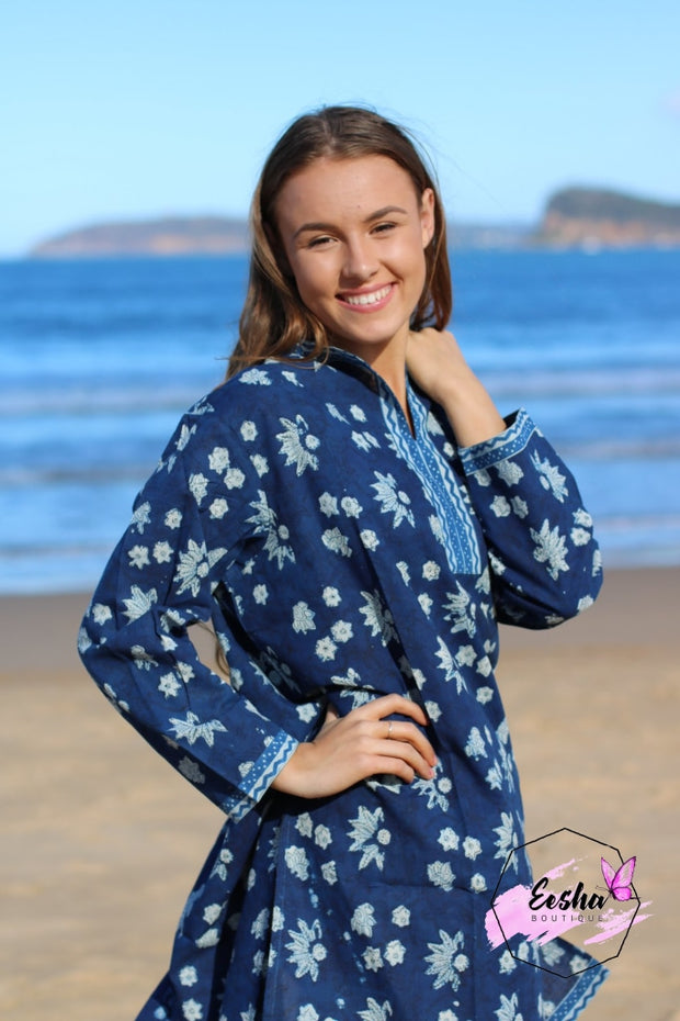 Indigo Blue Cotton Hand Block Print Kurta/tunic Tunic