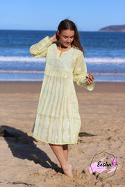 Lime Yellow Cotton Voile Hand Embroidered Dress M-40 / Tunic