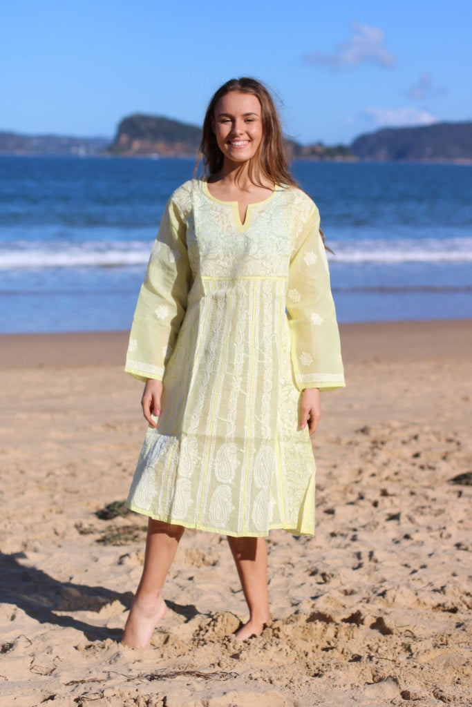Lime Yellow Cotton Voile Hand Embroidered Dress Tunic