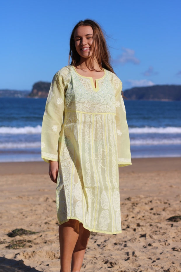 Lime Yellow Cotton Voile Hand Embroidered Dress Tunic