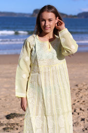 Lime Yellow Cotton Voile Hand Embroidered Dress Tunic