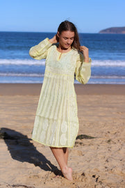 Lime Yellow Cotton Voile Hand Embroidered Dress Tunic