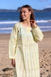 Lime Yellow Cotton Voile Hand Embroidered Dress Tunic