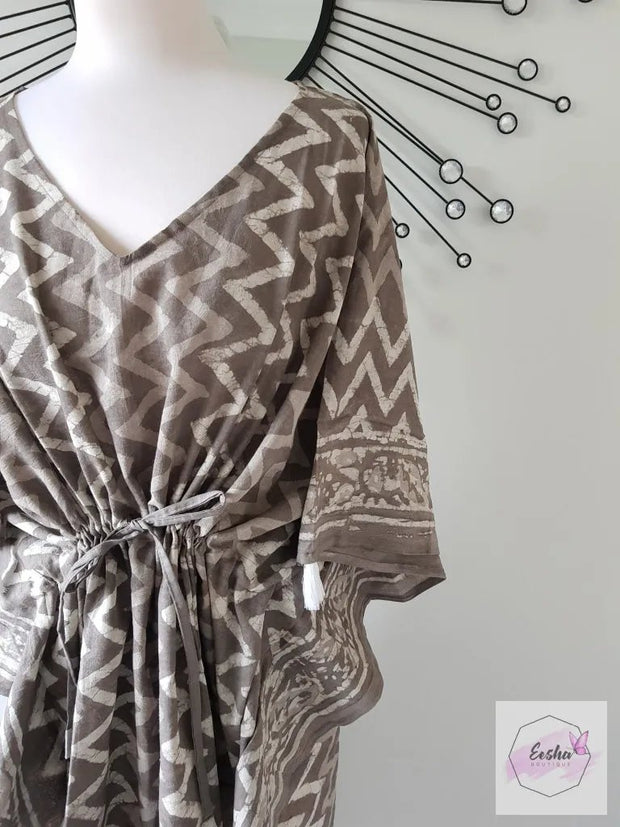 Long Kaftan - Gray Dabu Print With Tussles