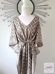 Long Kaftan - Gray Dabu Print With Tussles