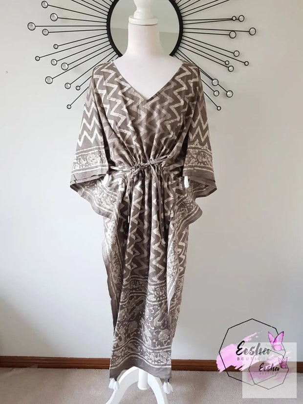 Long Kaftan - Gray Dabu Print With Tussles