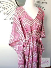 Long Kaftan - Pink Dabbu Print With Tussles