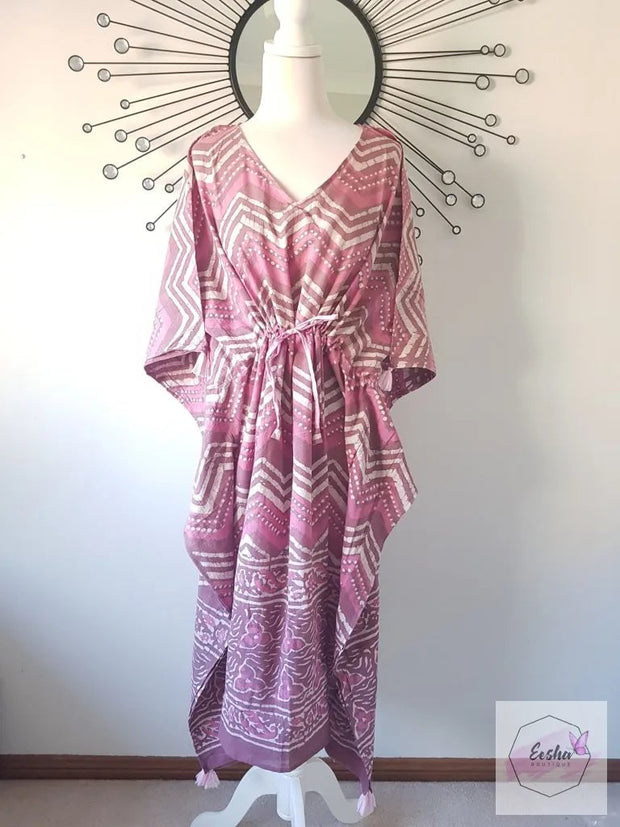 Long Kaftan - Pink Dabbu Print With Tussles