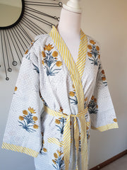 Long Kimono Robe - Yellow Floral Bouquet