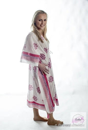 Long Snow Flower Print Pink Kaftan