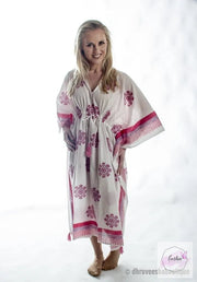 Long Snow Flower Print Pink Kaftan