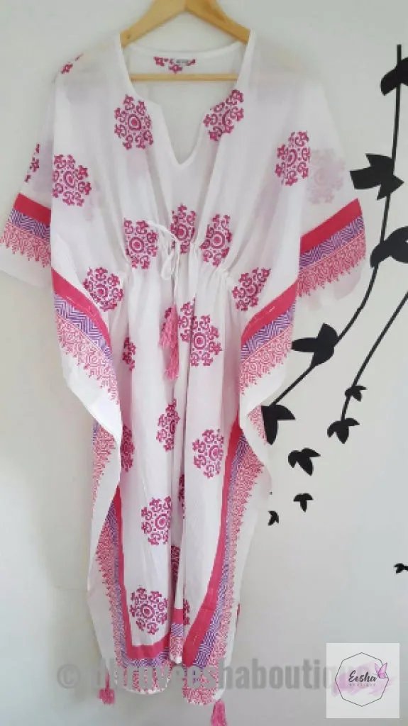 Long Snow Flower Print Pink Kaftan