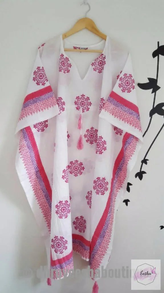 Long Snow Flower Print Pink Kaftan