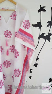 Long Snow Flower Print Pink Kaftan