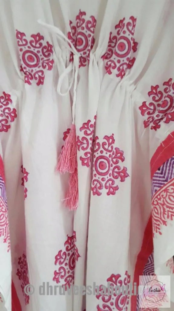 Long Snow Flower Print Pink Kaftan