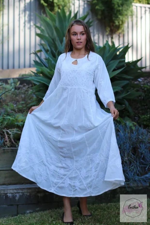 Long White Dress- Indian Chikankari Anarkali Tunic