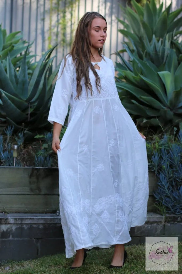 Long White Dress- Indian Chikankari Anarkali Tunic