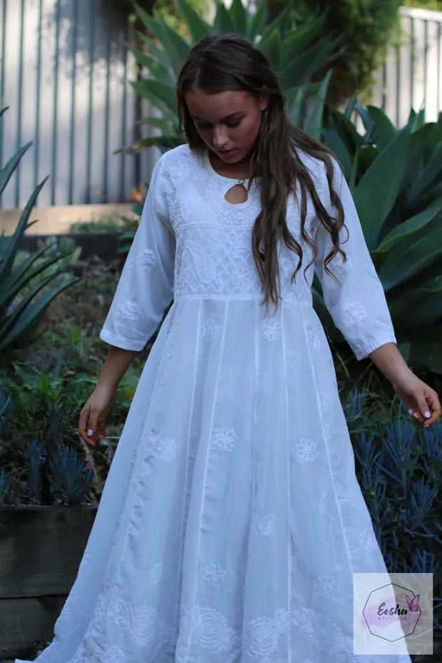 Long White Dress- Indian Chikankari Anarkali Tunic