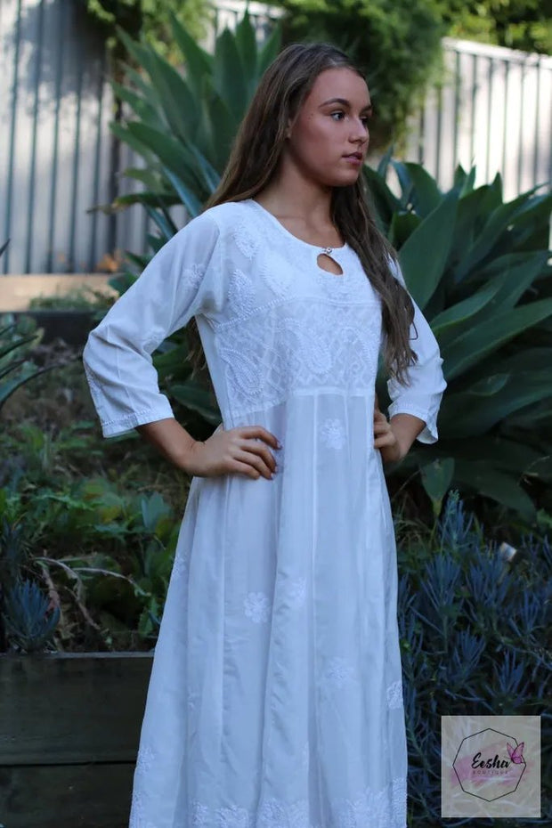 Long White Dress- Indian Chikankari Anarkali Tunic