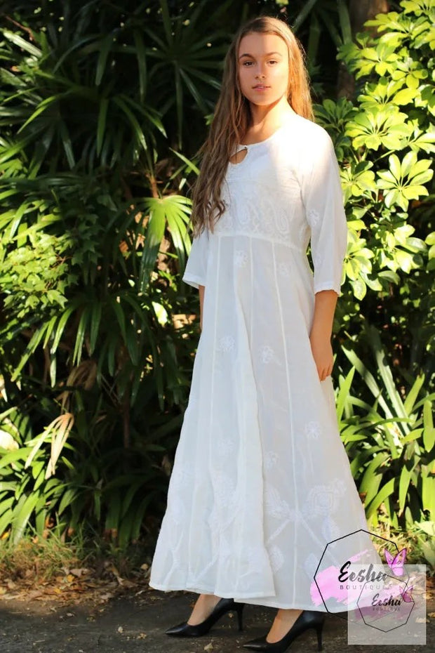 Long White Dress- Indian Chikankari Anarkali Tunic