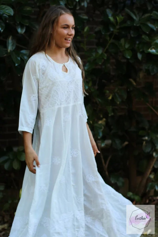 Long White Dress- Indian Chikankari Anarkali Tunic