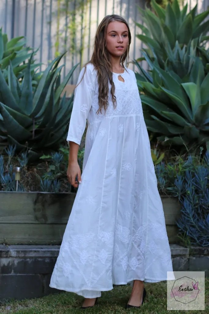 Long White Dress- Indian Chikankari Anarkali Tunic
