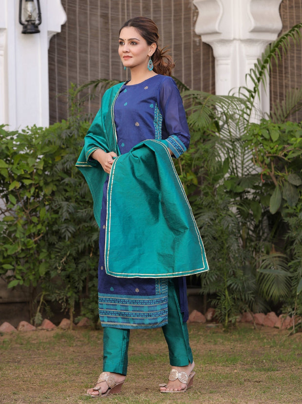 Navy Blue & Green Woven Design Cahnderi Silk Kurta with Trousers & Dupatta