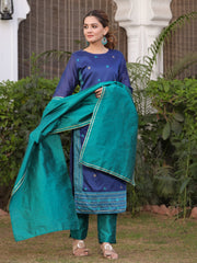 Navy Blue & Green Woven Design Cahnderi Silk Kurta with Trousers & Dupatta