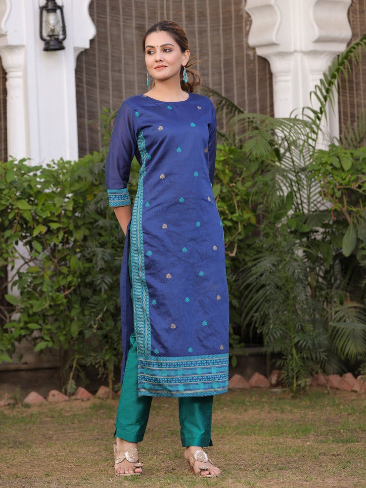 Navy Blue & Green Woven Design Cahnderi Silk Kurta with Trousers & Dupatta