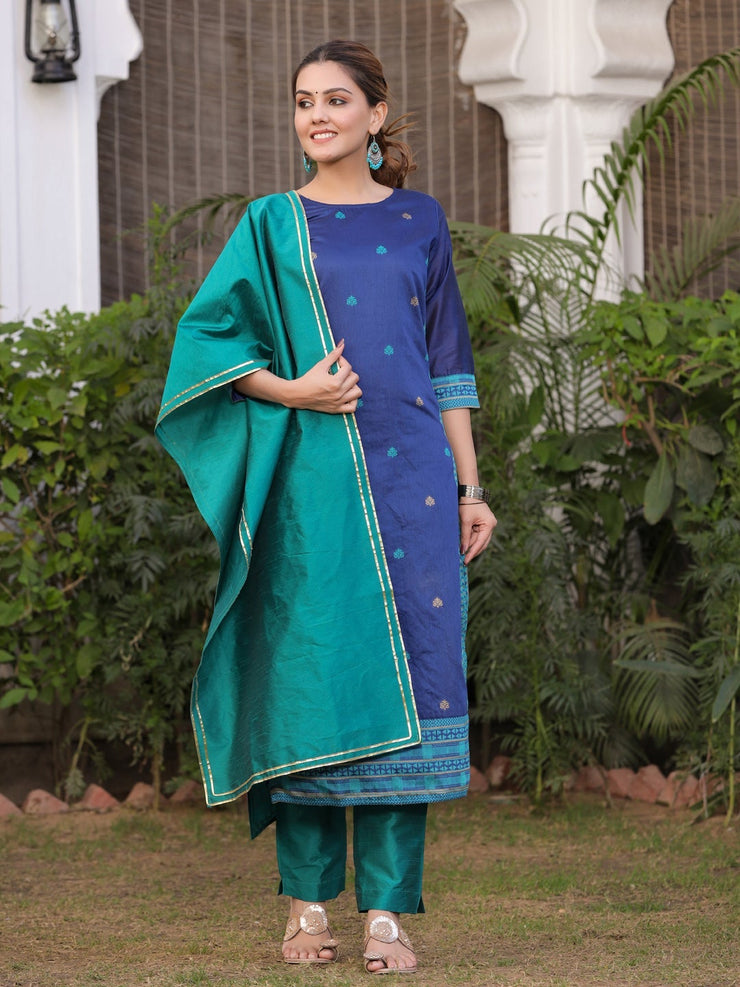 Navy Blue & Green Woven Design Cahnderi Silk Kurta with Trousers & Dupatta