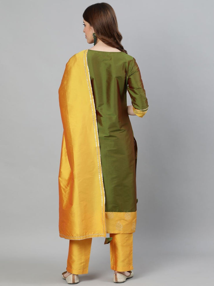 Olive Printed Straight Silk Blend Kurta With Pants And Dupatta