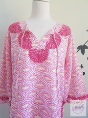Pink Bell Sleeves Hand Block Print Tunic Kurta With Chikankari Embroidery