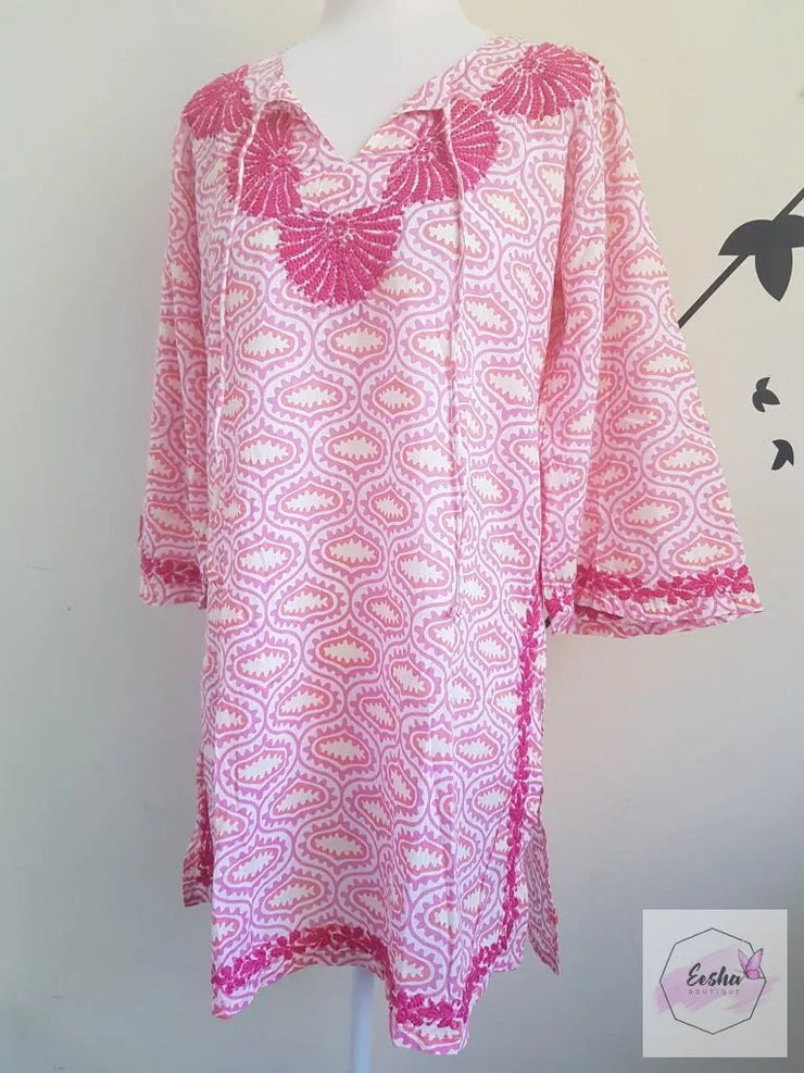Pink Bell Sleeves Hand Block Print Tunic Kurta With Chikankari Embroidery