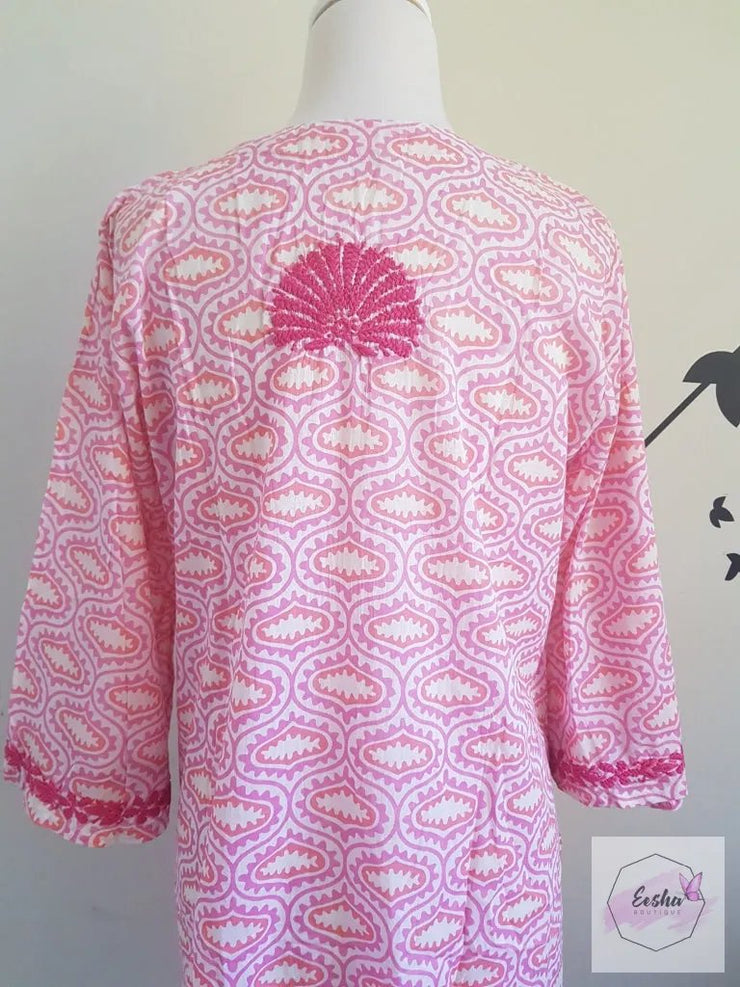 Pink Bell Sleeves Hand Block Print Tunic Kurta With Chikankari Embroidery