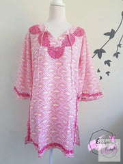 Pink Bell Sleeves Hand Block Print Tunic Kurta With Chikankari Embroidery