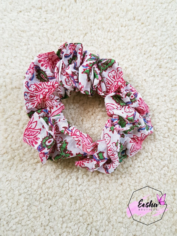 Pink Floral Scrunchies - Hand Block Print Indian Cotton Voile
