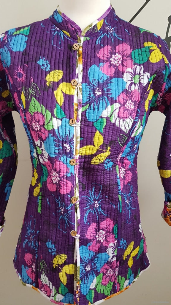 Purple Floral Reversible Cotton Quilted Jacket Coat