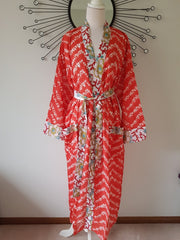 Red Block Print Kimono Robe - L/xl