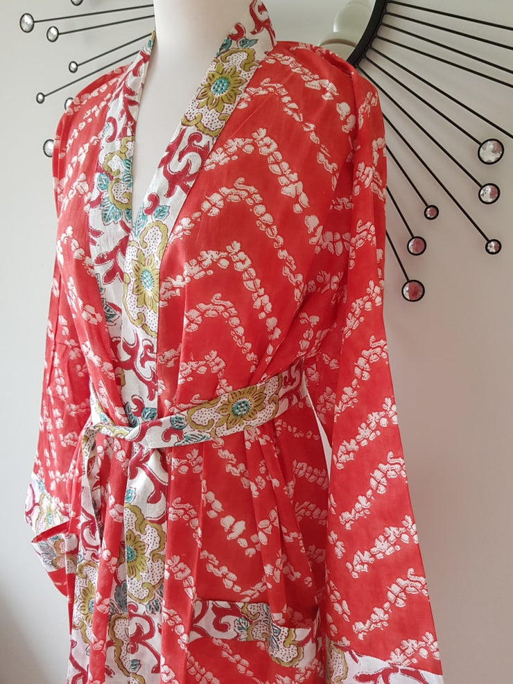 Red Block Print Kimono Robe - L/xl