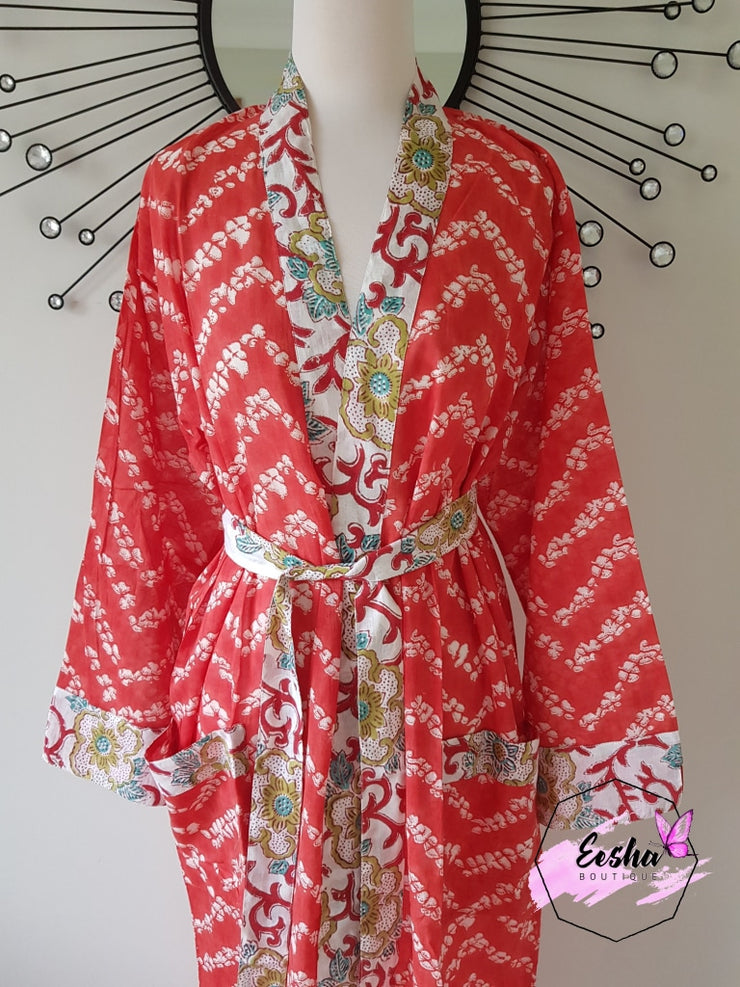 Red long cotton kimono robe