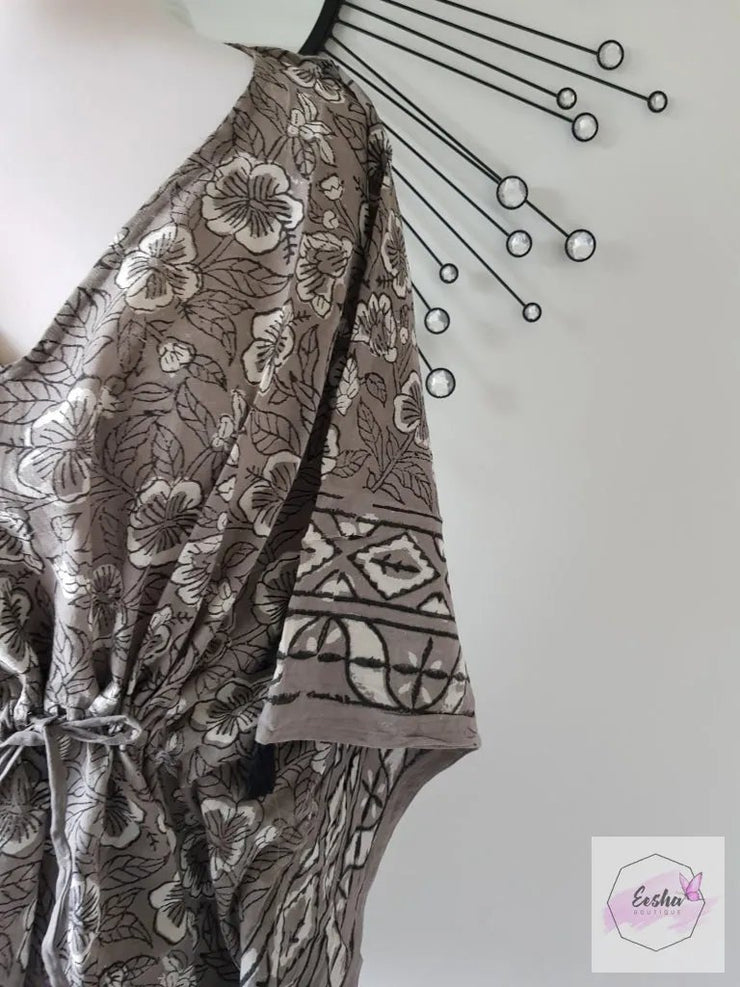Short Kaftan - Floral Dabbu Print With Tussles