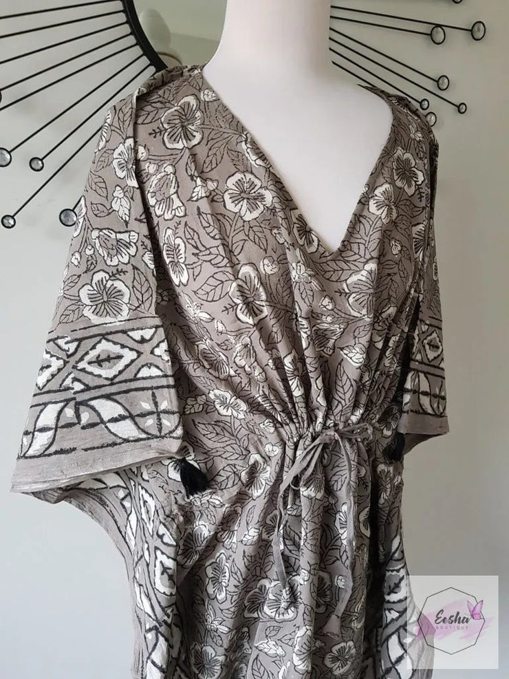 Short Kaftan - Floral Dabbu Print With Tussles