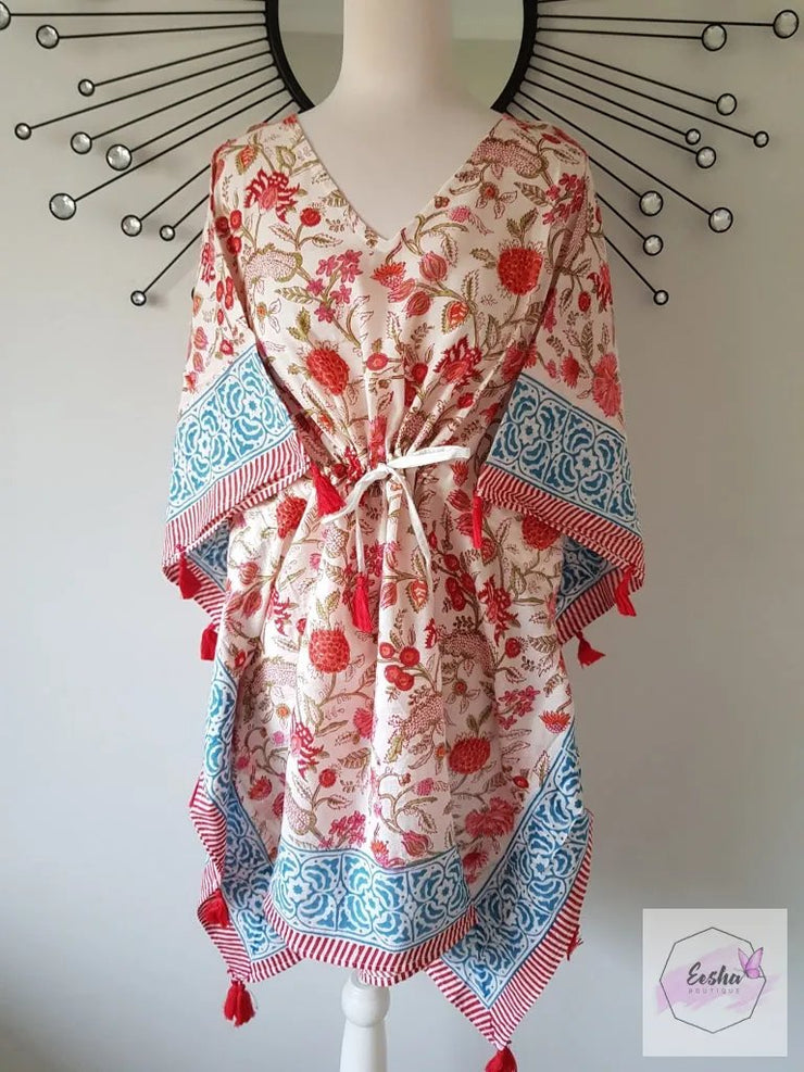 Short Kaftan - Red Floral Print With Tussles