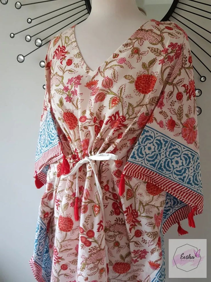 Short Kaftan - Red Floral Print With Tussles