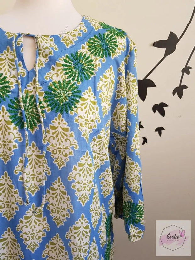 Sky Blue Bell Sleeves Hand Block Print Tunic Kurta With Chikankari Embroidery