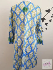 Sky Blue Bell Sleeves Hand Block Print Tunic Kurta With Chikankari Embroidery