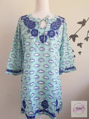 Turquoise Bell Sleeves Hand Block Print Tunic Kurta With Chikankari Embroidery