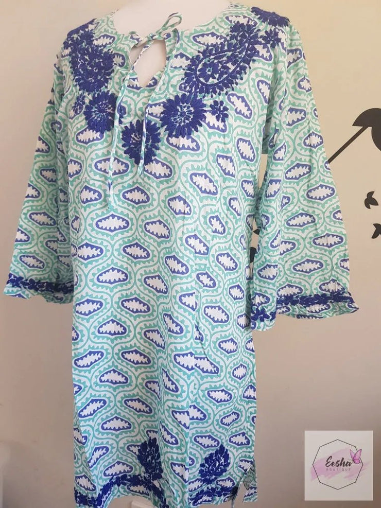 Turquoise Bell Sleeves Hand Block Print Tunic Kurta With Chikankari Embroidery
