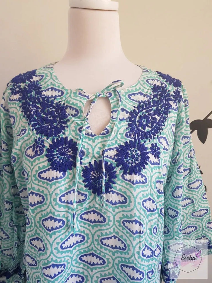 Turquoise Bell Sleeves Hand Block Print Tunic Kurta With Chikankari Embroidery